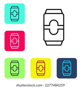 Black line Beer can icon isolated on white background. Set icons in color square buttons. Vector Illustration