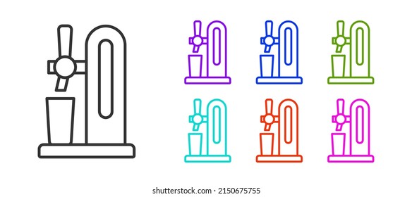 Schwarzer Bierhahn mit Glassymbol einzeln auf weißem Hintergrund. Stellen Sie die Symbole bunt ein. Vektorgrafik