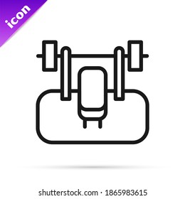 Black line Bench with barbel icon isolated on white background. Gym equipment. Bodybuilding, powerlifting, fitness concept.  Vector