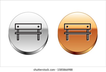Black line Bench icon isolated on white background. Silver-gold circle button. Vector Illustration