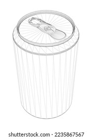 Black line beverage can wireframe isolated on white background. Isometric view. 3D. Vector illustration.