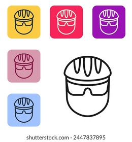 Black line Bicycle helmet icon isolated on white background. Extreme sport. Sport equipment. Set icons in color square buttons. Vector