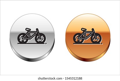 Black line Bicycle icon isolated on white background. Bike race. Extreme sport. Sport equipment. Silver-gold circle button. Vector Illustration
