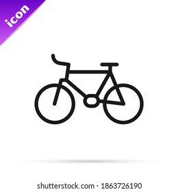 Icono de bicicleta de línea negra aislado en fondo blanco. Carrera de bicicletas. Deporte extremo. Equipamiento deportivo.  Vector