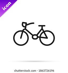 Icono de bicicleta de línea negra aislado en fondo blanco. Carrera de bicicletas. Deporte extremo. Equipamiento deportivo.  Vector