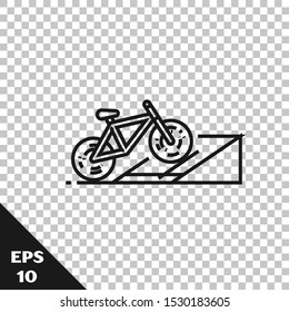 Black line Bicycle on street ramp icon isolated on transparent background. Skate park. Extreme sport. Sport equipment.  Vector Illustration