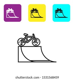 Black line Bicycle on street ramp icon isolated on white background. Skate park. Extreme sport. Sport equipment. Set icons colorful square buttons. Vector Illustration