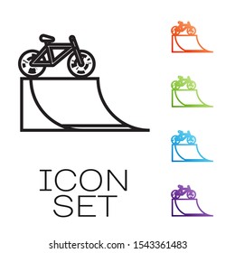 Black line Bicycle on street ramp icon isolated on white background. Skate park. Extreme sport. Sport equipment. Set icons colorful. Vector Illustration