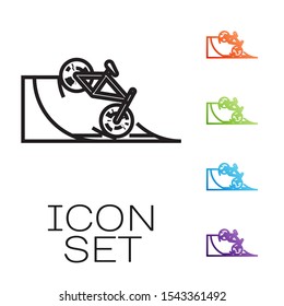 Black line Bicycle on street ramp icon isolated on white background. Skate park. Extreme sport. Sport equipment. Set icons colorful. Vector Illustration