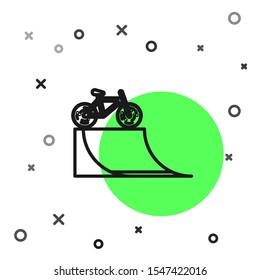 Black line Bicycle on street ramp icon isolated on white background. Skate park. Extreme sport. Sport equipment.  Vector Illustration