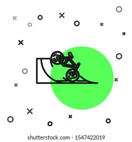 Black line Bicycle on street ramp icon isolated on white background. Skate park. Extreme sport. Sport equipment.  Vector Illustration