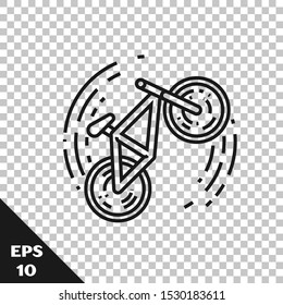 Black line Bicycle trick icon isolated on transparent background. Bike race. Extreme sport. Sport equipment.  Vector Illustration