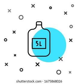 Línea negra Botella grande con icono de agua limpia aislada en fondo blanco. Recipiente de plástico para el refrigerador. Formas dinámicas aleatorias.  Ilustración vectorial