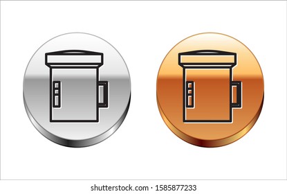 Black Line Big Flashlight For Diver Icon Isolated On White Background. Diving Underwater Equipment. Silver-gold Circle Button. Vector Illustration