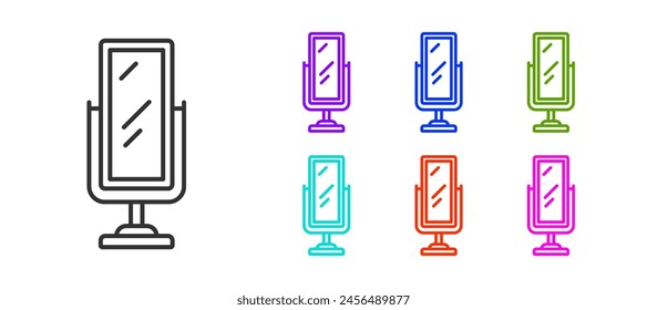 Black line Big full length mirror for bedroom, shops, backstage icon isolated on white background. Set icons colorful. Vector