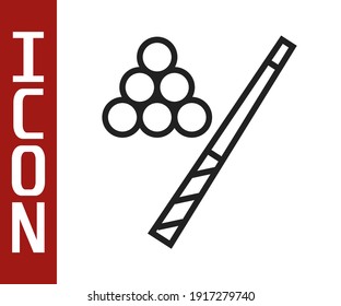 Black line Billiard cue and ball icon isolated on white background.  Vector