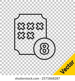 Black line Bingo or lottery ball on bingo card with lucky numbers icon isolated on transparent background.  Vector