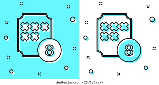 Black line Bingo or lottery ball on bingo card with lucky numbers icon isolated on green and white background. Random dynamic shapes. Vector