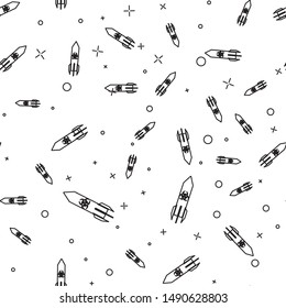 Black line Biohazard rocket icon isolated seamless pattern on white background. Rocket bomb flies down.  Vector Illustration