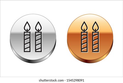 Black line Birthday cake candles icon isolated on white background. Silver-gold circle button. Vector Illustration