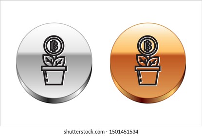 Black line Bitcoin plant in the pot icon isolated on white background. Business investment growth. Blockchain technology, cryptocurrency mining. Silver-gold circle button. Vector Illustration