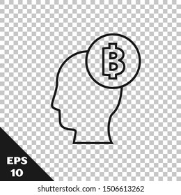 Black line Bitcoin think icon isolated on transparent background. Cryptocurrency head. Blockchain technology, digital money market, cryptocoin wallet.  Vector Illustration