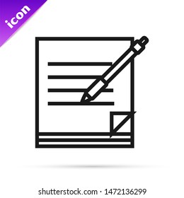 Black line Blank notebook and pen icon isolated on white background. Paper and pen.  Vector Illustration