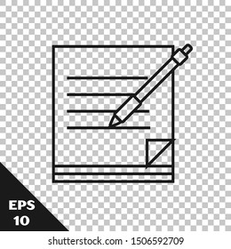 Black line Blank notebook and pen icon isolated on transparent background. Paper and pen.  Vector Illustration