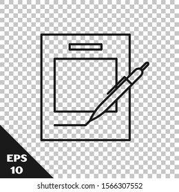 Black line Blank notebook and pen icon isolated on transparent background. Paper and pen.  Vector Illustration