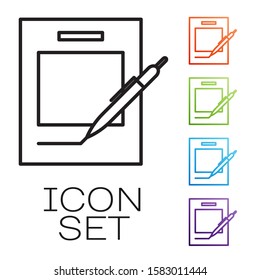 Black line Blank notebook and pen icon isolated on white background. Paper and pen. Set icons colorful. Vector Illustration