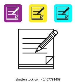 Black line Blank notebook and pencil with eraser icon isolated on white background. Paper and pencil. Set icons colorful square buttons. Vector Illustration