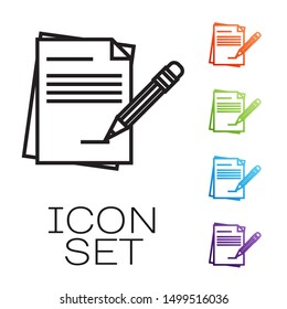 Black line Blank notebook and pencil with eraser icon isolated on white background. Paper and pencil. Set icons colorful. Vector Illustration