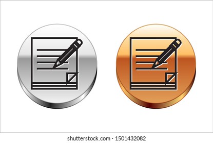 Black line Blank notebook and pencil with eraser icon isolated on white background. Paper and pencil. Silver-gold circle button. Vector Illustration