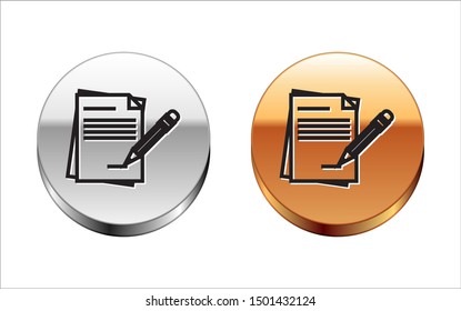 Black line Blank notebook and pencil with eraser icon isolated on white background. Paper and pencil. Silver-gold circle button. Vector Illustration