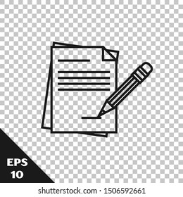 Black line Blank notebook and pencil with eraser icon isolated on transparent background. Paper and pencil.  Vector Illustration