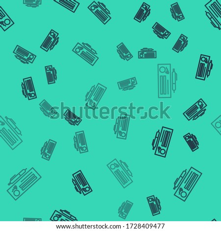 Black line Blank template of the bank check and pen icon isolated seamless pattern on green background. Checkbook cheque page with empty fields to fill. Vector Illustration