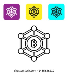 Black line Blockchain technology Bitcoin icon isolated on white background. Abstract geometric block chain network technology business. Set icons colorful square buttons. Vector Illustration