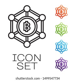 Black line Blockchain technology Bitcoin icon isolated on white background. Abstract geometric block chain network technology business. Set icons colorful. Vector Illustration
