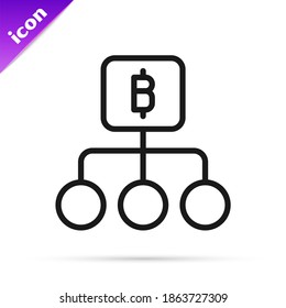 Tecnología Blockchain de línea negra Icono de bitcoin aislado en fondo blanco. Resumen del negocio de la tecnología de redes de cadenas de bloques geométricos.  Vector