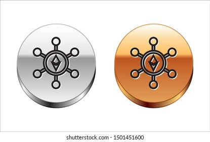 Black line Blockchain technology Ethereum ETH icon isolated on white background. Abstract geometric block chain network technology business. Silver-gold circle button. Vector Illustration