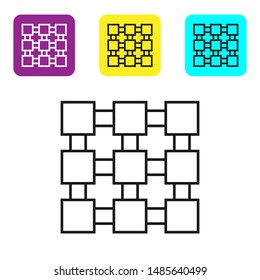 Black line Blockchain technology icon on white background. Cryptocurrency data. Abstract geometric block chain network technology business. Set icons colorful square buttons. Vector Illustration