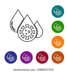 Black line Blood test and virus molecule coronavirus icon isolated on white background. Coronavirus, COVID-19. 2019-nCoV. Set icons in color circle buttons. Vector