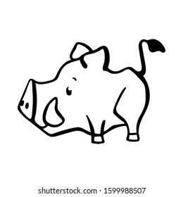 Black line boar character on white background. Wild animal vector illustration. Cartoon swine or boar mascot. Funny pig with fang and snout. Outline animal strong and confident character. Pig logo