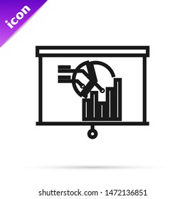 Black line Board with graph chart icon isolated on white background. Report text file icon. Accounting sign. Audit, analysis, planning.  Vector Illustration