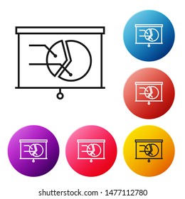 Black line Board with graph chart icon isolated on white background. Report text file icon. Accounting sign. Audit, analysis, planning. Set icons colorful circle buttons. Vector Illustration