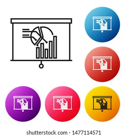 Black line Board with graph chart icon isolated on white background. Report text file icon. Accounting sign. Audit, analysis, planning. Set icons colorful circle buttons. Vector Illustration