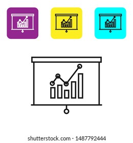 Black line Board with graph chart icon isolated on white background. Report text file icon. Accounting sign. Audit, analysis, planning. Set icons colorful square buttons. Vector Illustration