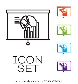 Black line Board with graph chart icon isolated on white background. Report text file icon. Accounting sign. Audit, analysis, planning. Set icons colorful. Vector Illustration