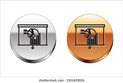 Black line Board with graph chart icon isolated on white background. Report text file icon. Accounting sign. Audit, analysis, planning. Silver-gold circle button. Vector Illustration