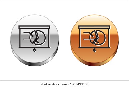 Black line Board with graph chart icon isolated on white background. Report text file icon. Accounting sign. Audit, analysis, planning. Silver-gold circle button. Vector Illustration